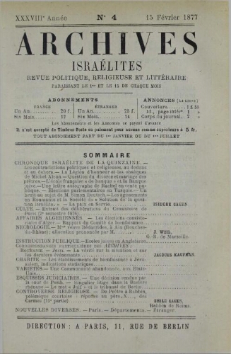 Archives israélites de France. Vol.38 N°04 (15 févr. 1877)